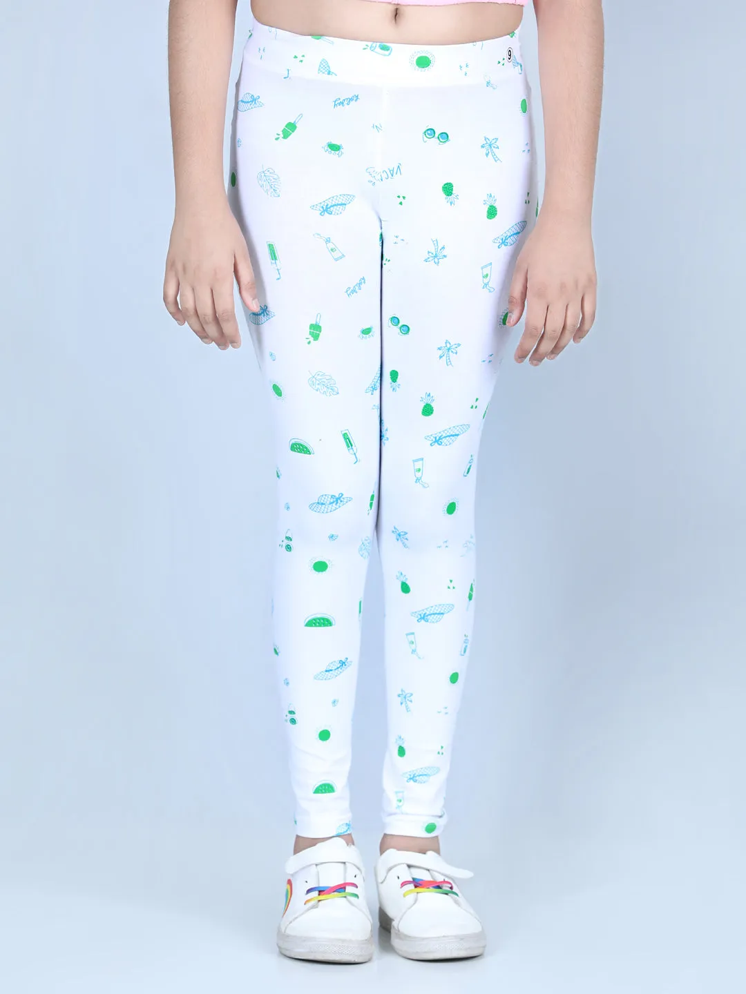 Girls White Cotton Lycra Holiday Inspired Printed Leggings
