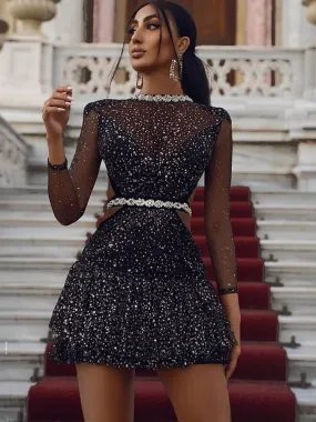 Glitter Long Sleeve Mesh Patchwork Mini Dresses