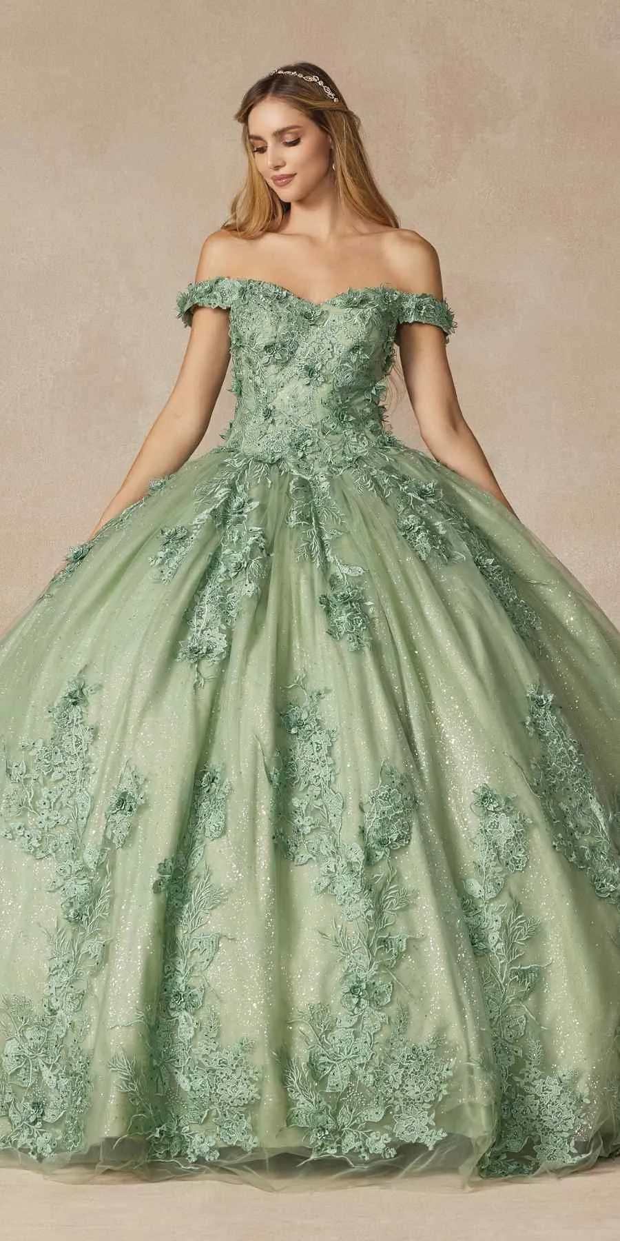 Juliet 1445 Long 3D Floral Appliques Off Shoulder Poofy Ball Gown