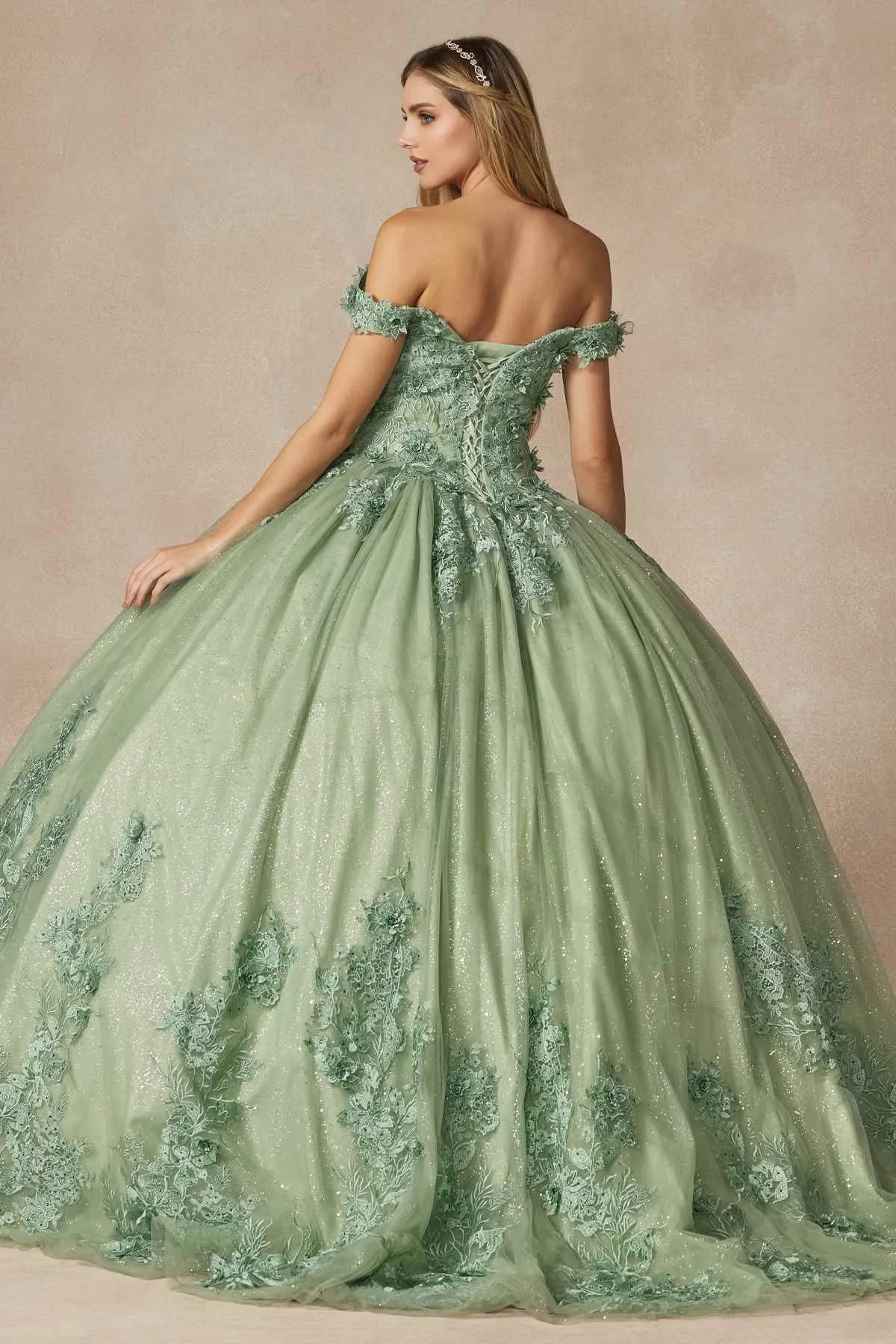 Juliet 1445 Long 3D Floral Appliques Off Shoulder Poofy Ball Gown