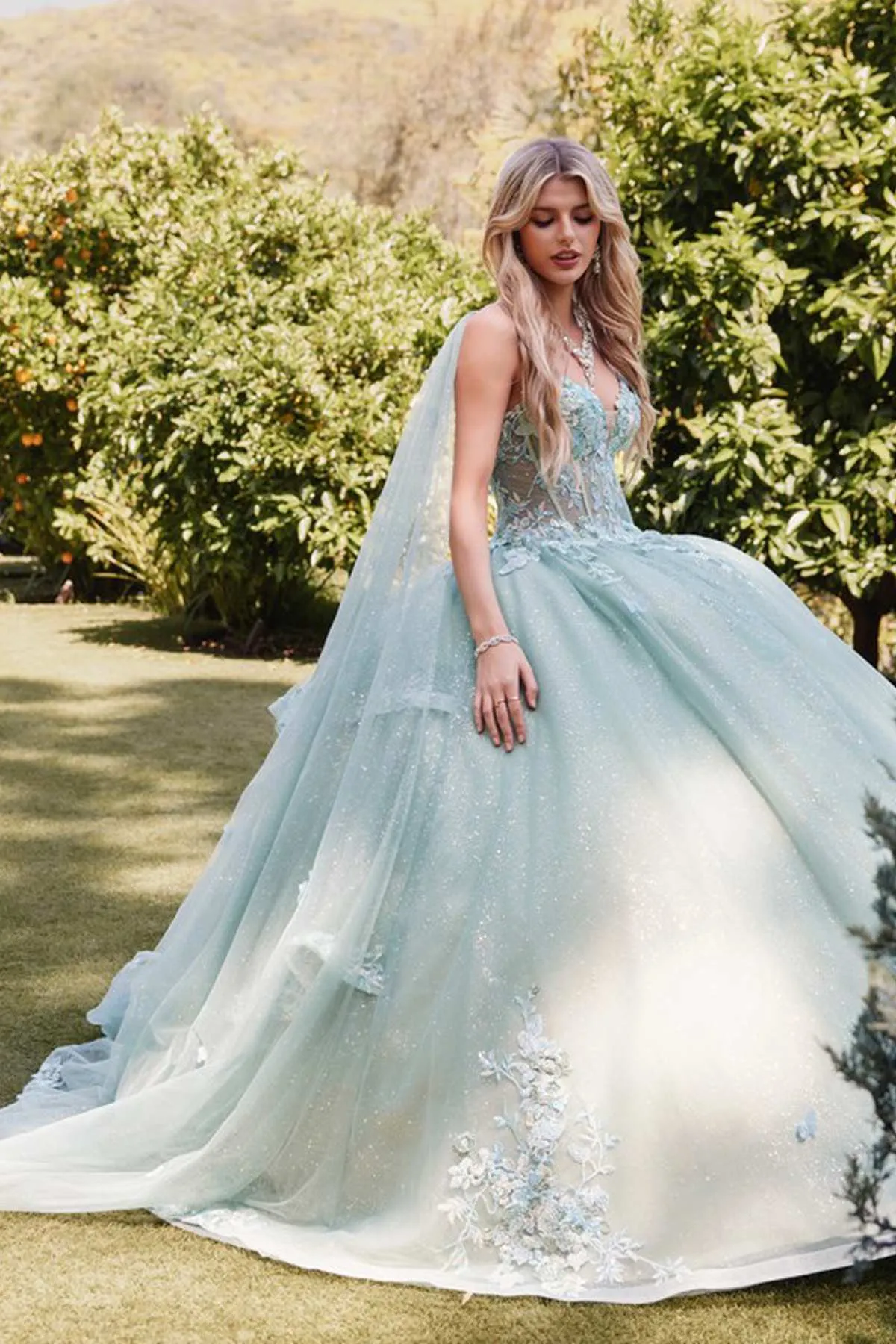 Juliet JT1466H Dress 3D Multi Floral Applique Cape Sleeve Quinceanera Gown