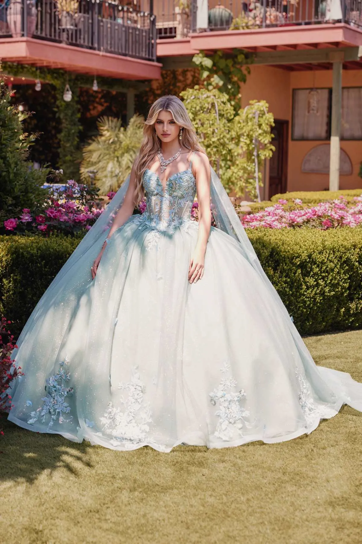 Juliet JT1466H Dress 3D Multi Floral Applique Cape Sleeve Quinceanera Gown