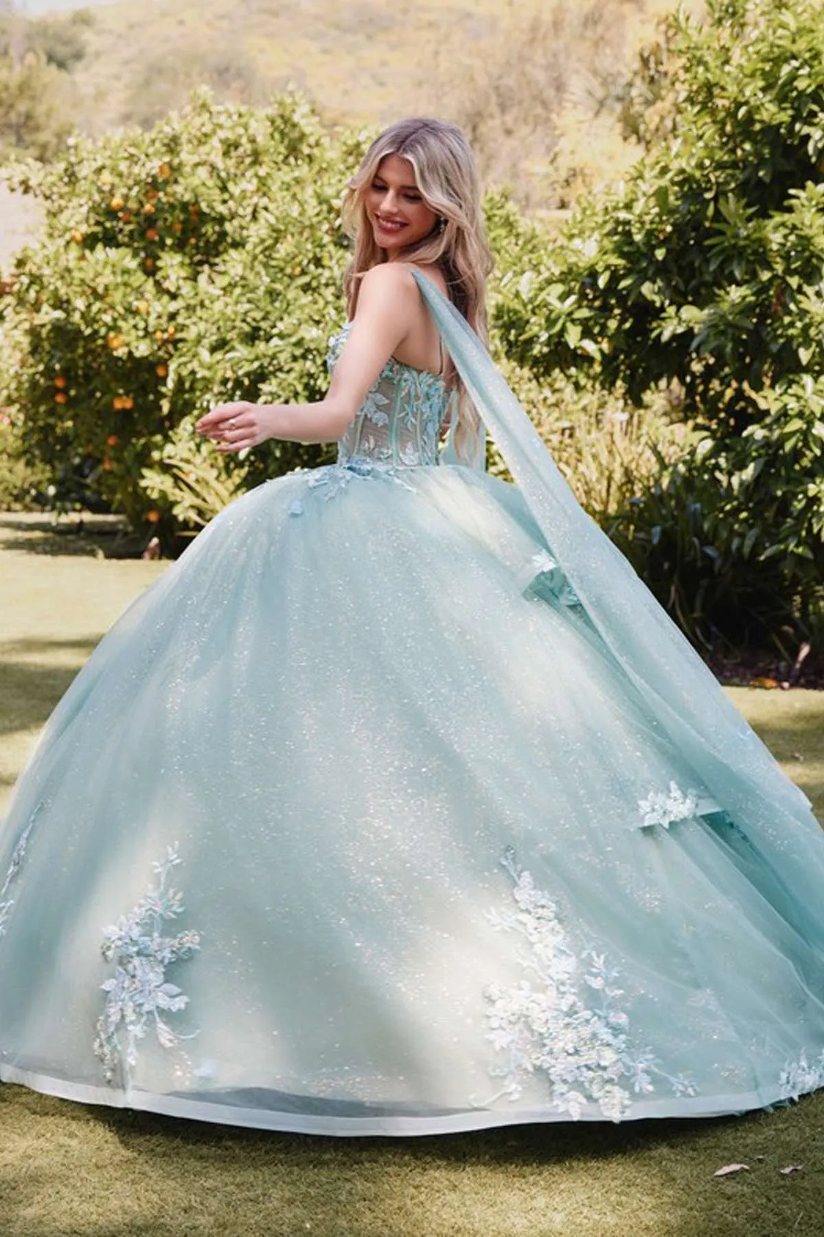 Juliet JT1466H Dress 3D Multi Floral Applique Cape Sleeve Quinceanera Gown