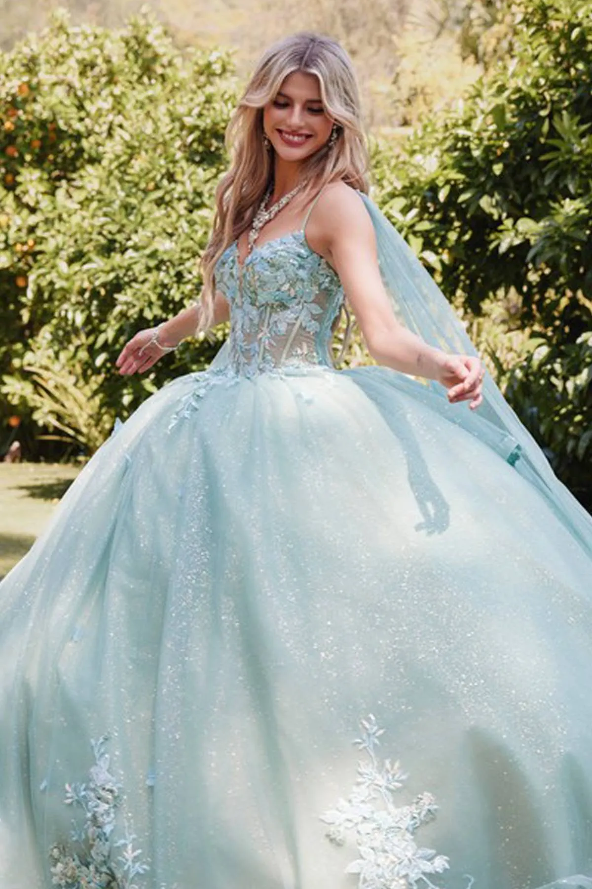 Juliet JT1466H Dress 3D Multi Floral Applique Cape Sleeve Quinceanera Gown