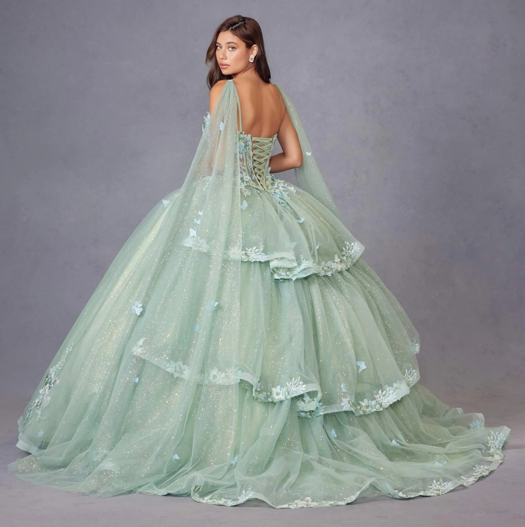 Juliet JT1466H Dress 3D Multi Floral Applique Cape Sleeve Quinceanera Gown