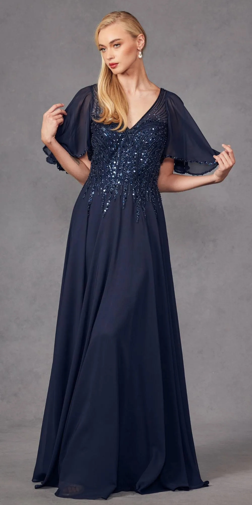 Juliet JTM14F Long A-Line Flutter Mid-Length Sleeve Evening Gown