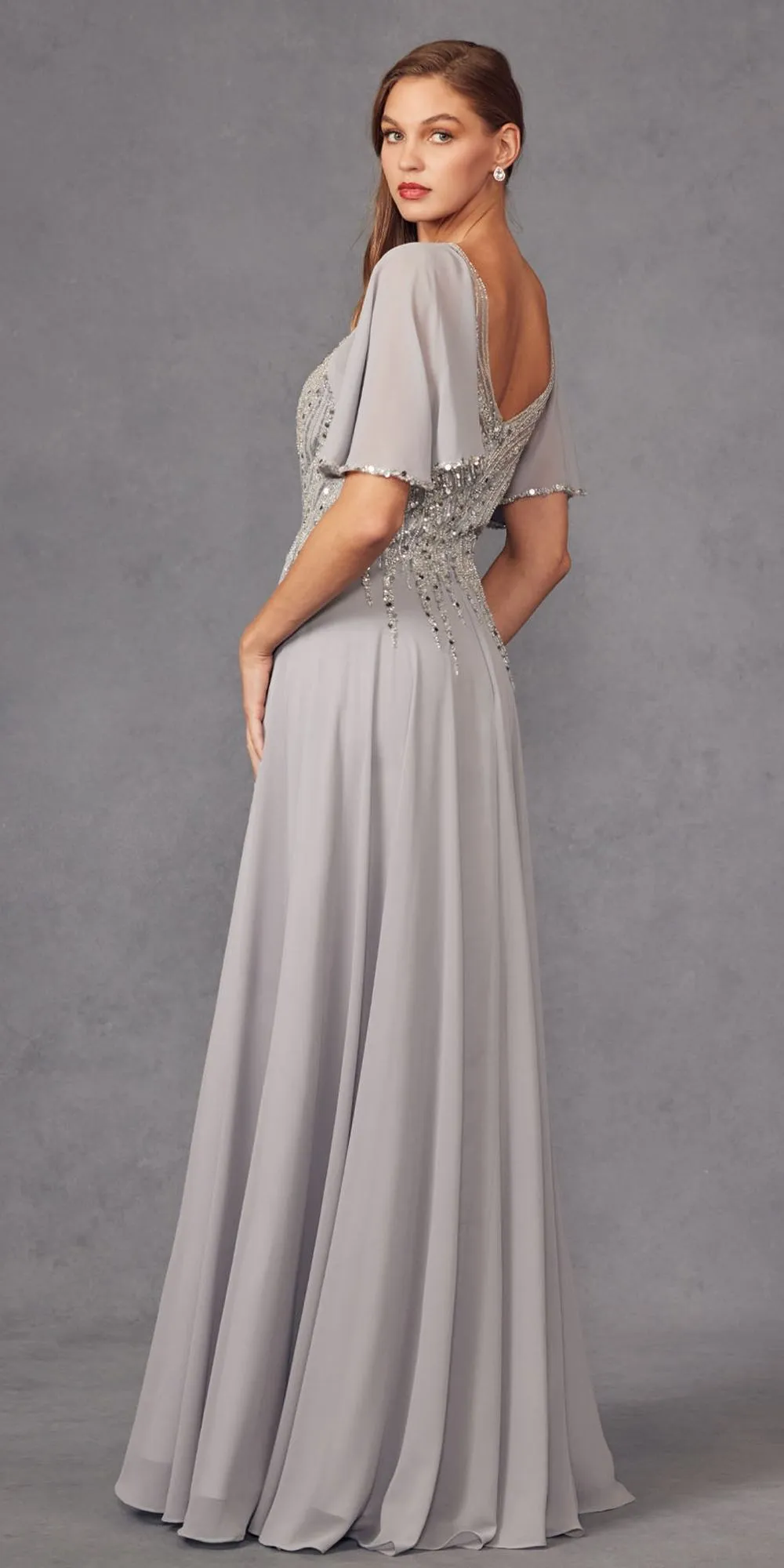 Juliet JTM14F Long A-Line Flutter Mid-Length Sleeve Evening Gown