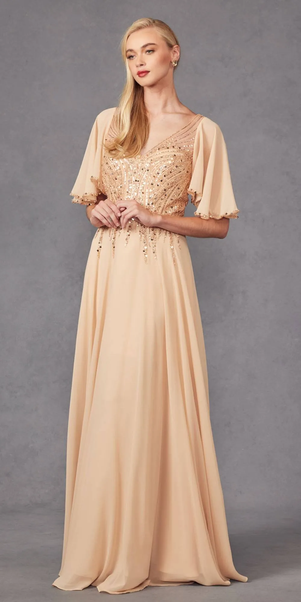 Juliet JTM14F Long A-Line Flutter Mid-Length Sleeve Evening Gown