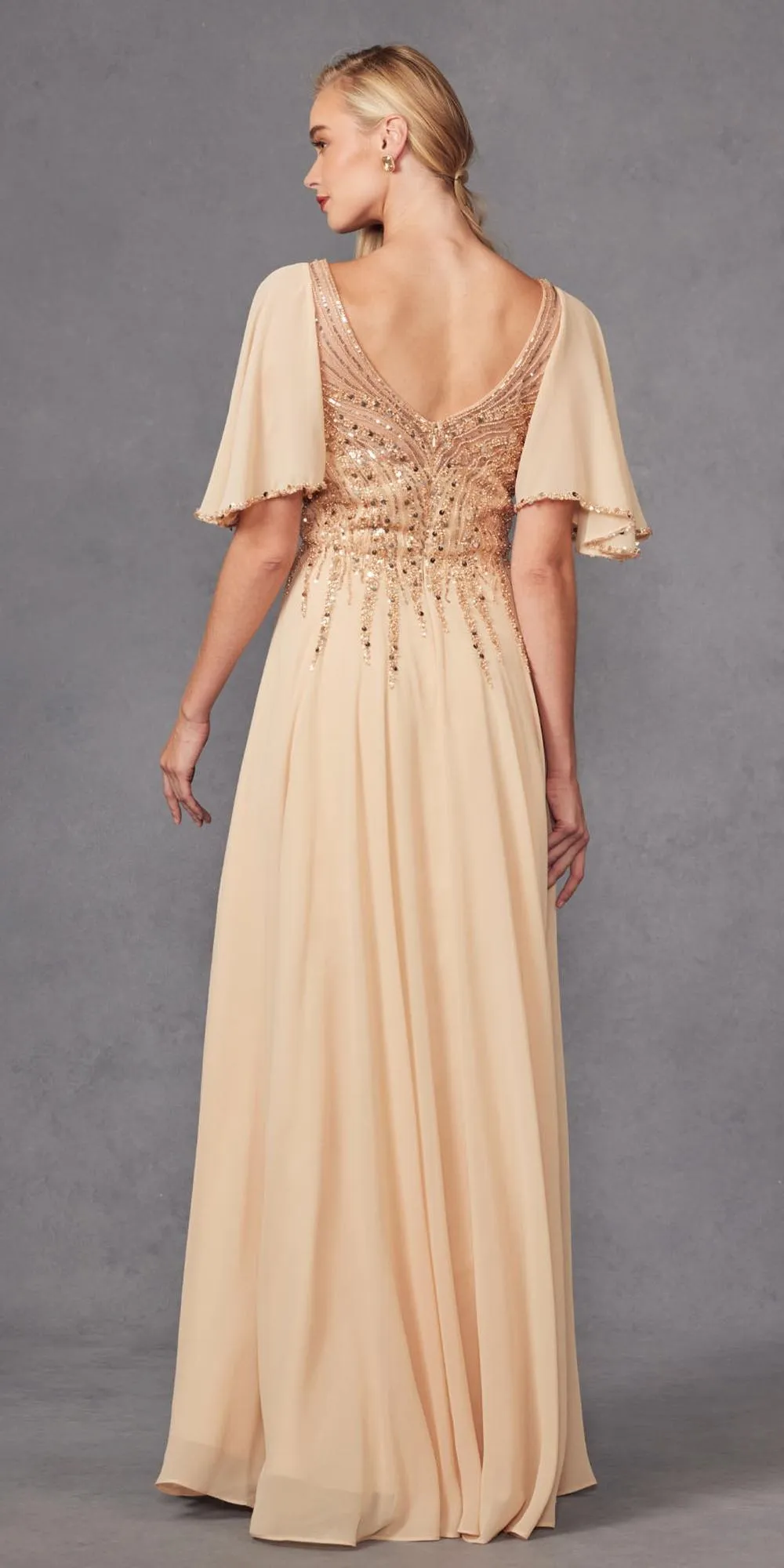 Juliet JTM14F Long A-Line Flutter Mid-Length Sleeve Evening Gown