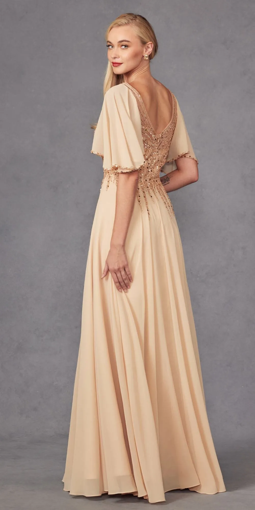 Juliet JTM14F Long A-Line Flutter Mid-Length Sleeve Evening Gown