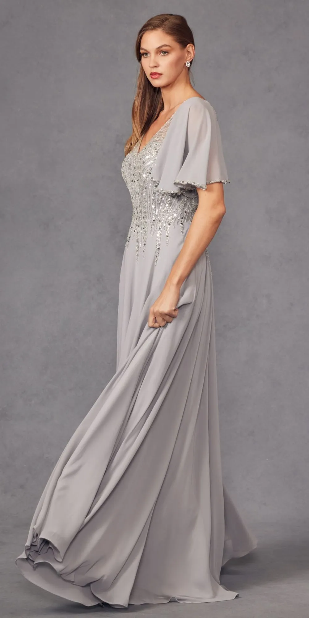 Juliet JTM14F Long A-Line Flutter Mid-Length Sleeve Evening Gown