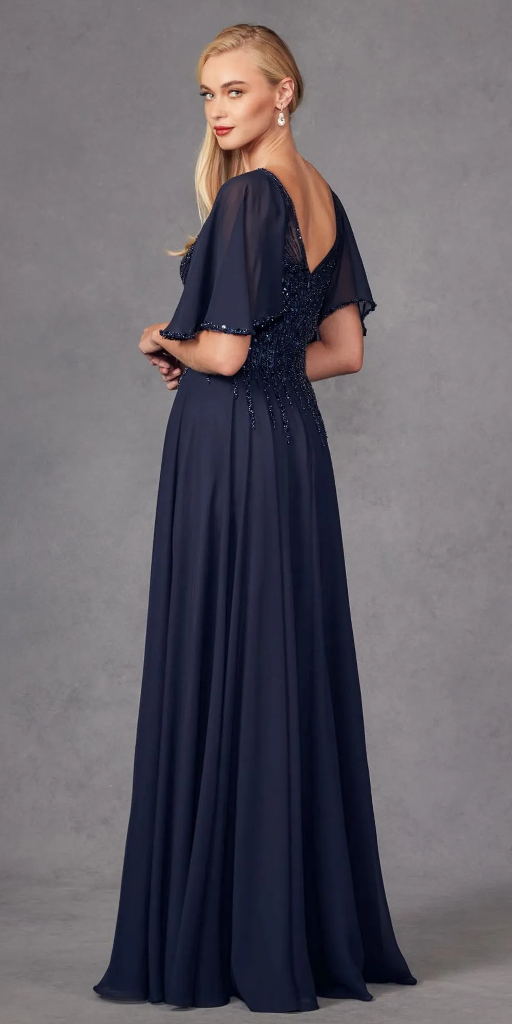 Juliet JTM14F Long A-Line Flutter Mid-Length Sleeve Evening Gown
