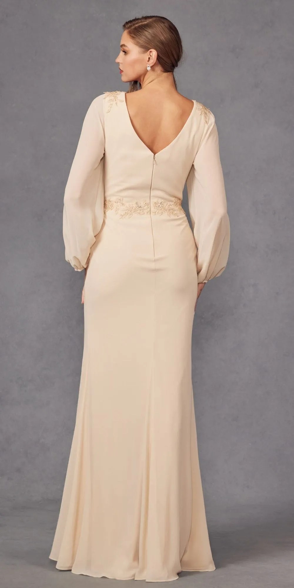 Juliet JTM16A Long Sleeve V-Neck Embroidered Applique Evening Gown