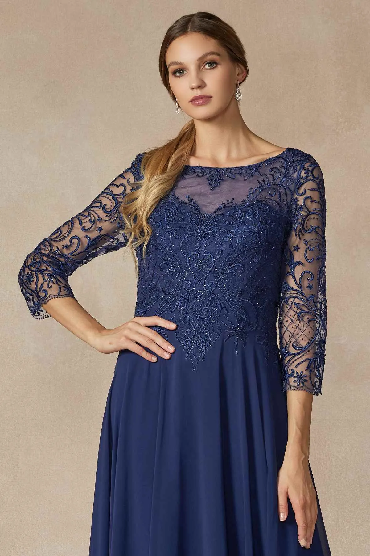 Juliet M11 Appliqued Long A-Line Dress Chiffon Quarter Sleeves