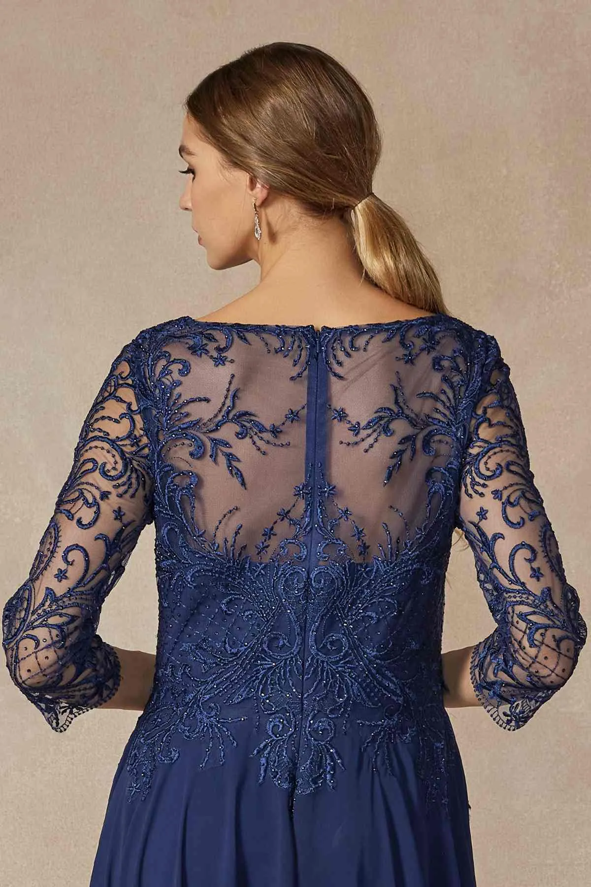 Juliet M11 Appliqued Long A-Line Dress Chiffon Quarter Sleeves