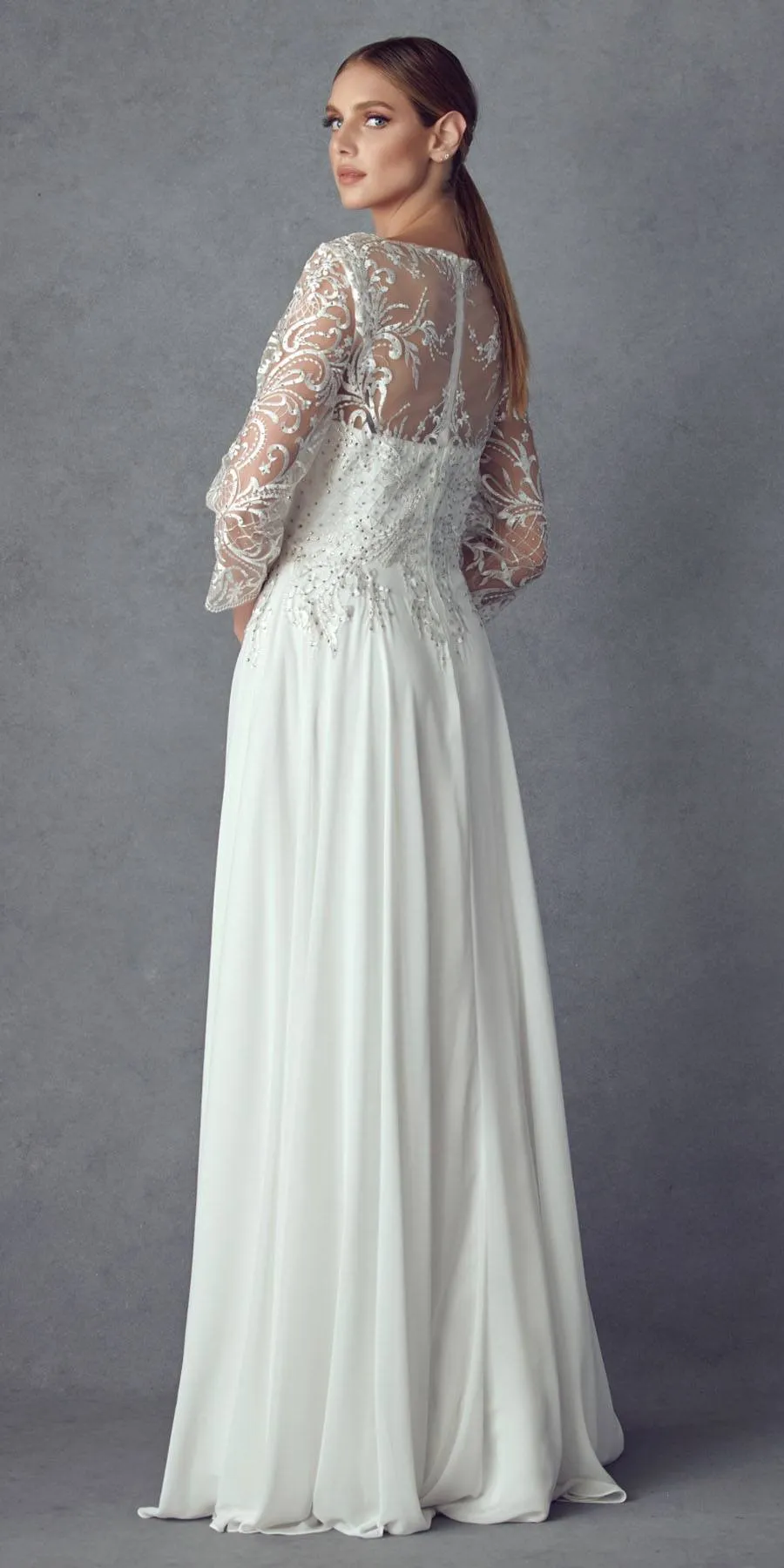 Juliet M11 Appliqued Long A-Line Dress Chiffon Quarter Sleeves