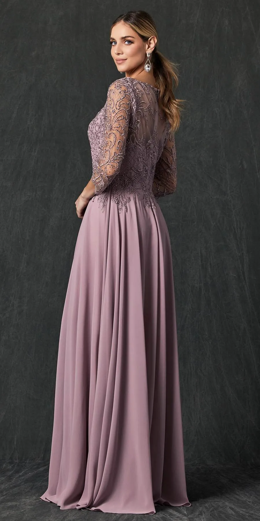 Juliet M11 Appliqued Long A-Line Dress Chiffon Quarter Sleeves