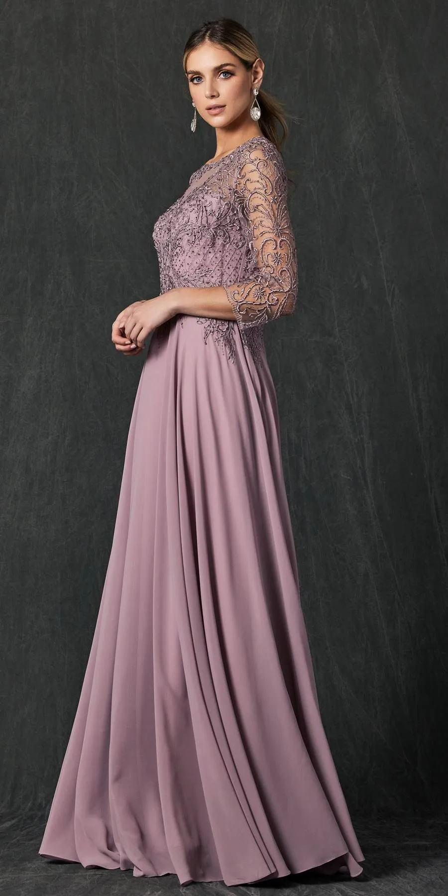 Juliet M11 Appliqued Long A-Line Dress Chiffon Quarter Sleeves