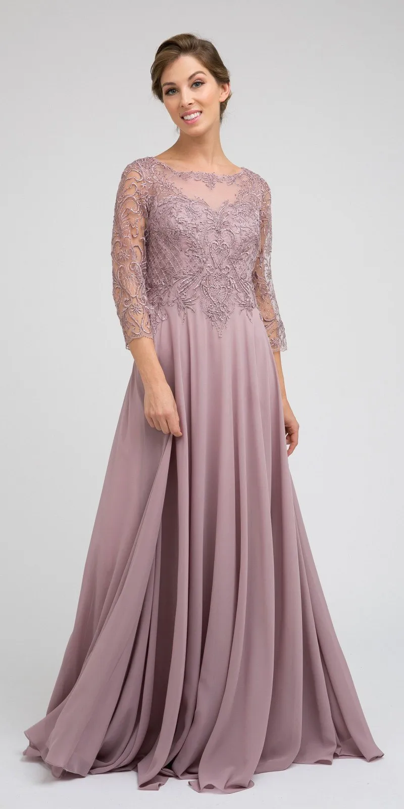 Juliet M11 Appliqued Long A-Line Dress Chiffon Quarter Sleeves