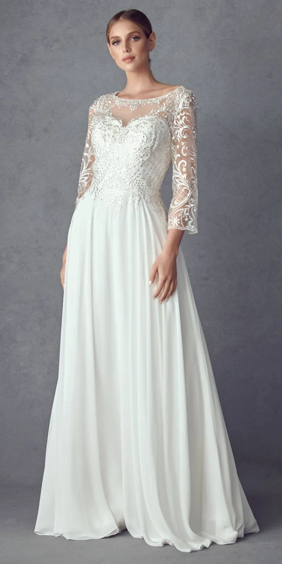 Juliet M11 Appliqued Long A-Line Dress Chiffon Quarter Sleeves
