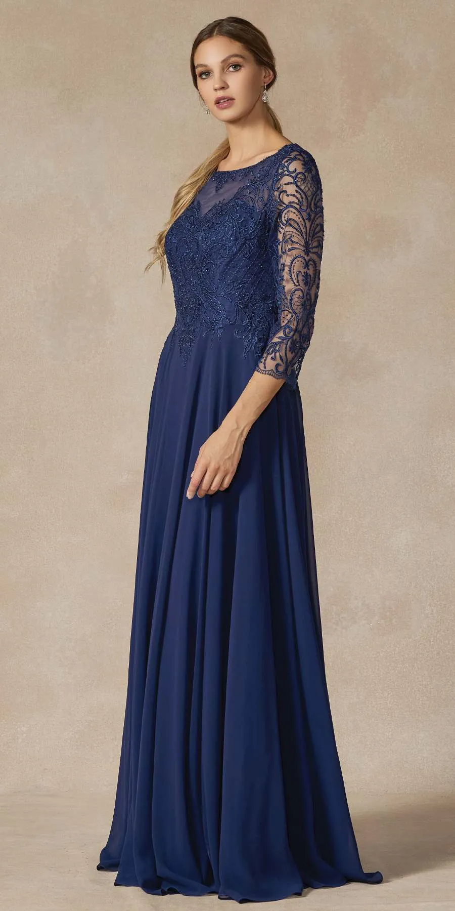 Juliet M11 Appliqued Long A-Line Dress Chiffon Quarter Sleeves