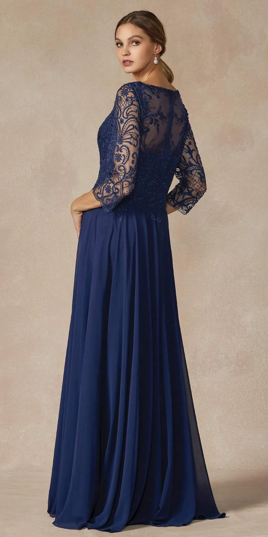 Juliet M11 Appliqued Long A-Line Dress Chiffon Quarter Sleeves