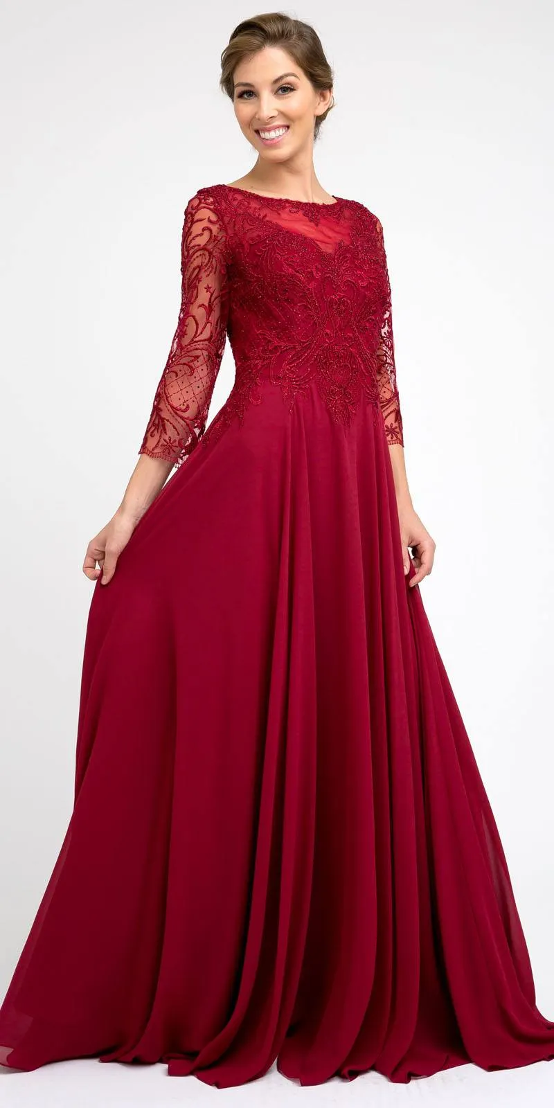 Juliet M11 Appliqued Long A-Line Dress Chiffon Quarter Sleeves