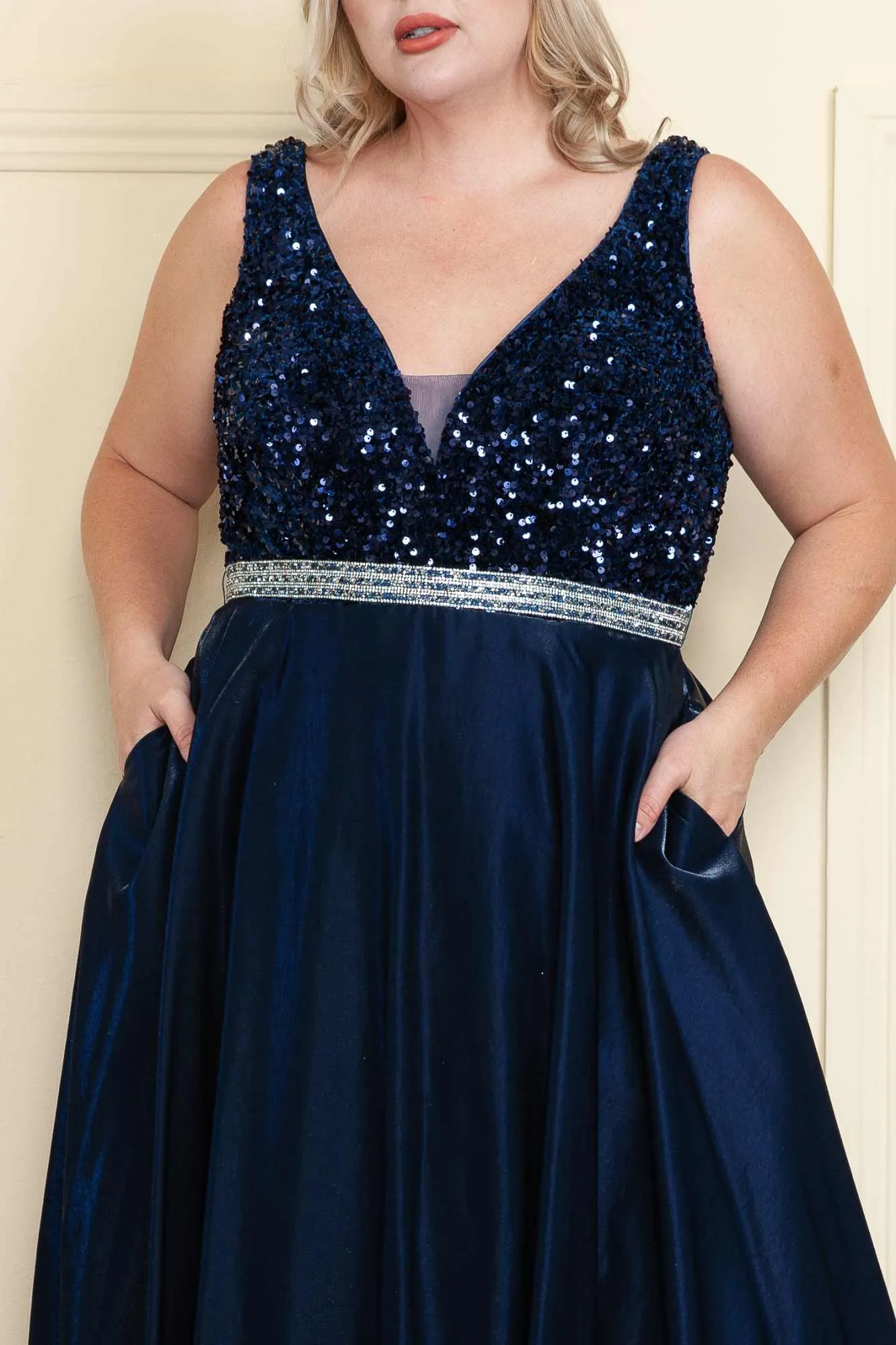 Lindas W1006 Floor Length A-Line Sleeveless V-Neck Sequin Bodice Dress