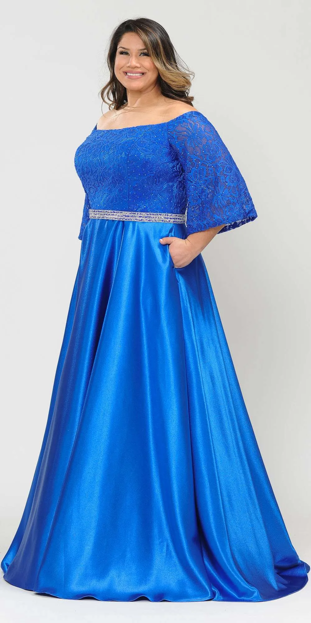 Lindas W1008 Bell Sleeves Off the Shoulder A-Line Ball Gown Plus Size Dress
