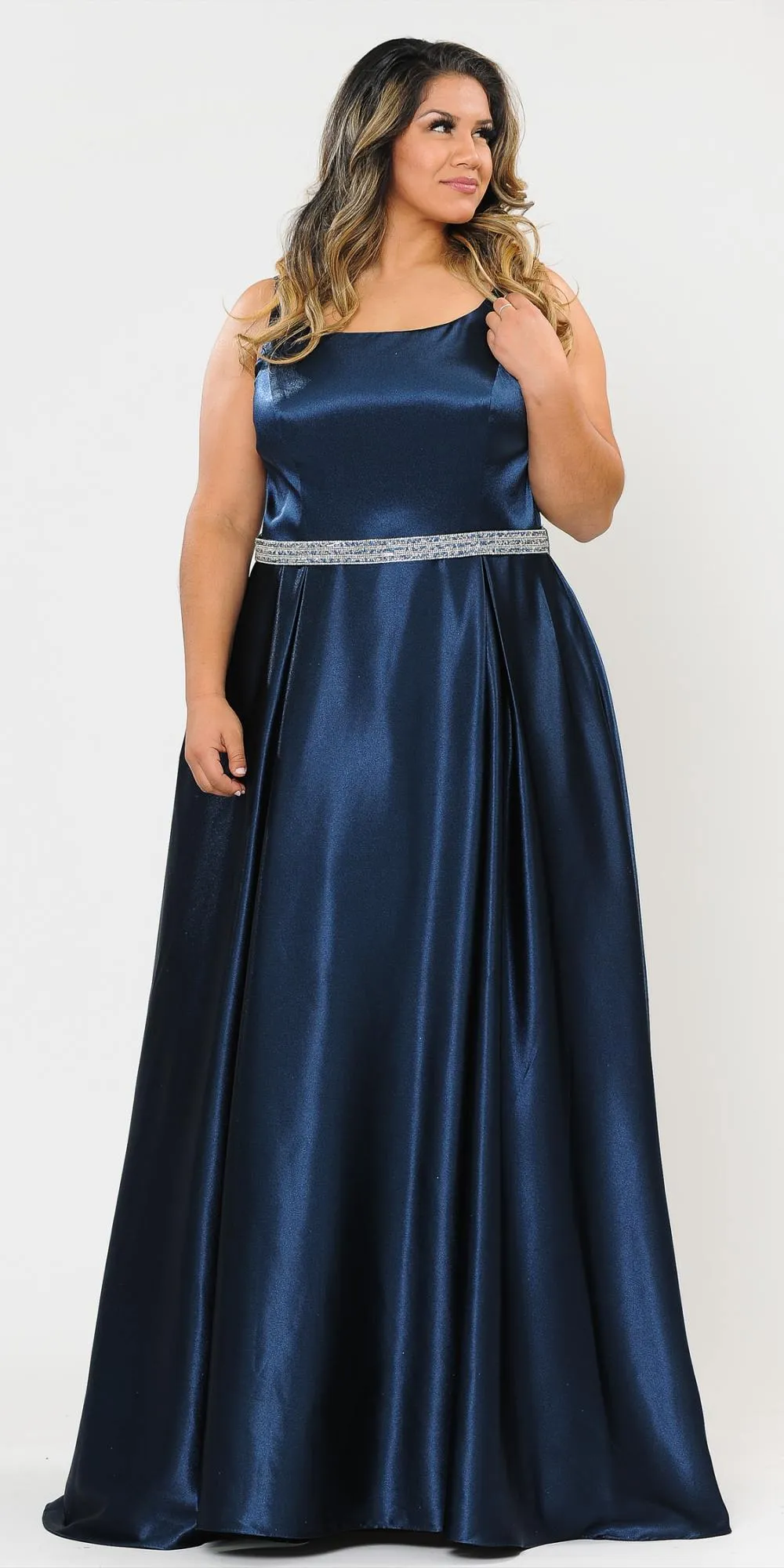 Lindas W1010 Floor Length Plus Size Satin Dress with Pocket