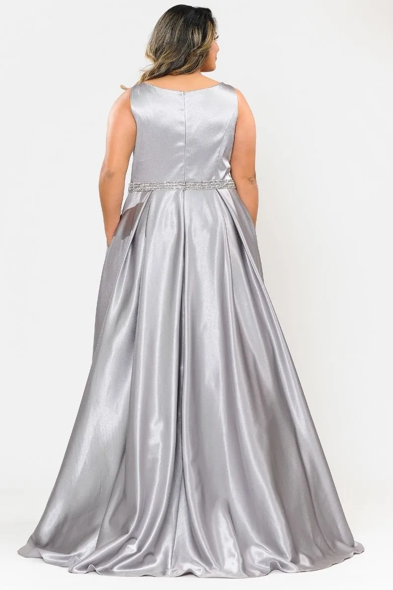 Lindas W1010 Floor Length Plus Size Satin Dress with Pocket