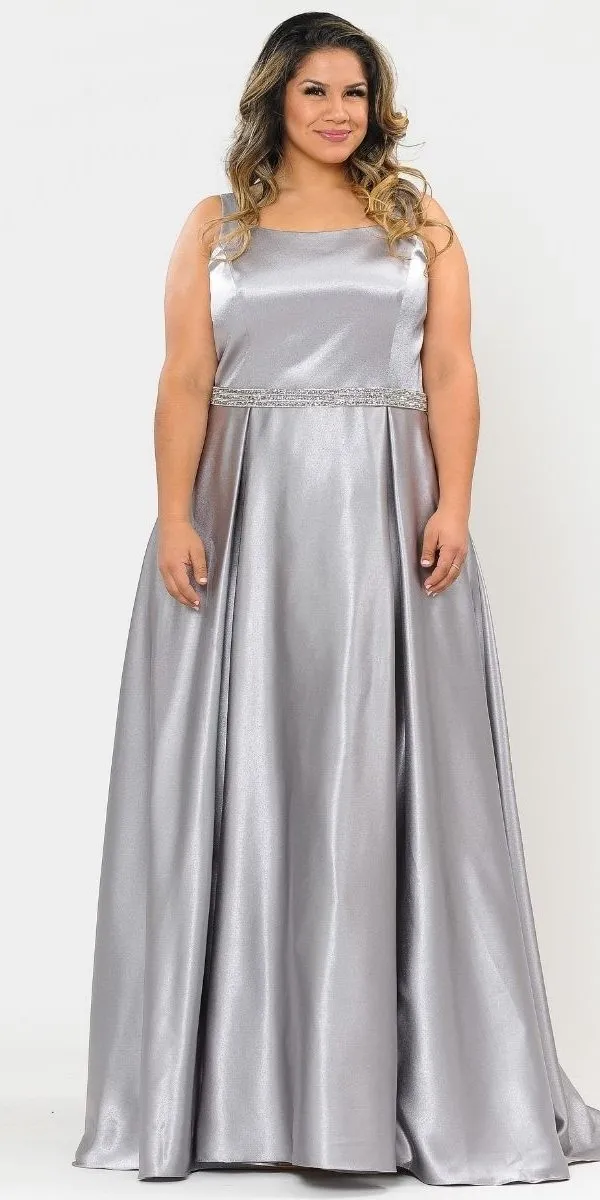 Lindas W1010 Floor Length Plus Size Satin Dress with Pocket