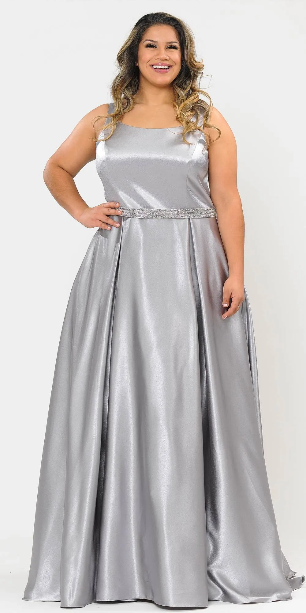 Lindas W1010 Floor Length Plus Size Satin Dress with Pocket