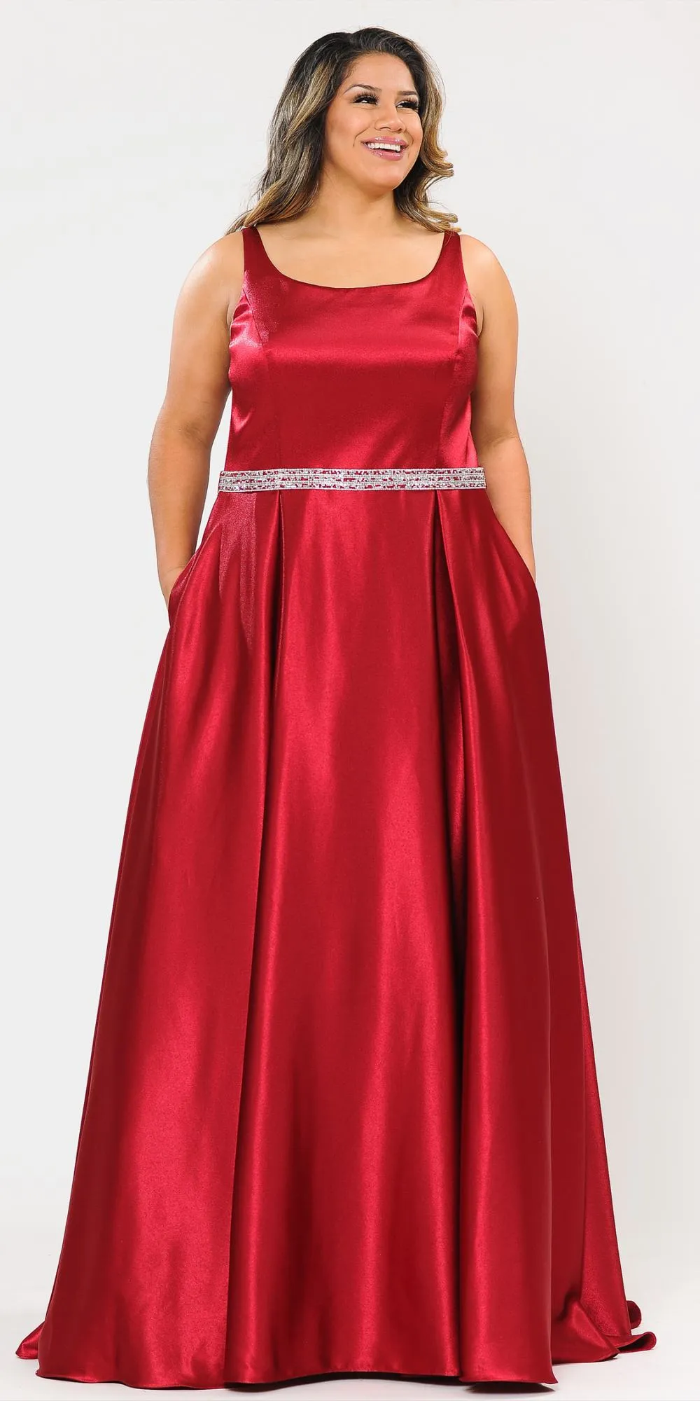 Lindas W1010 Floor Length Plus Size Satin Dress with Pocket