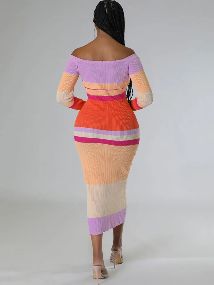 Long Sleeve Off Shoulder Color Block Midi Dresses