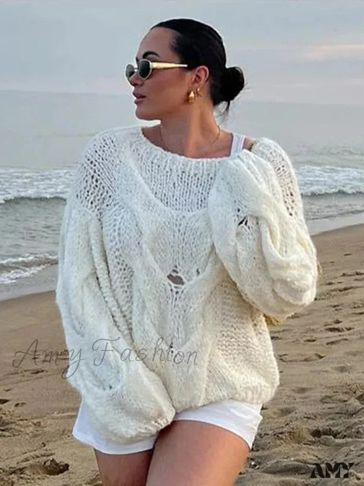 Loose Knitted Purple Women Loose O Neck Long Sleeve Pockets Sweater