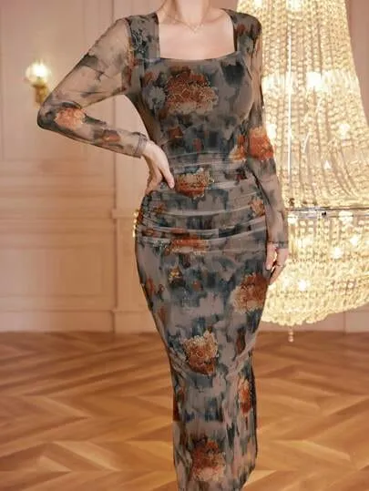 Modely Net Fabric Printed Square Neck Pleated Fitted Midi Dress For Women Maxi Women Outfit Long Evening Dresses    B92410