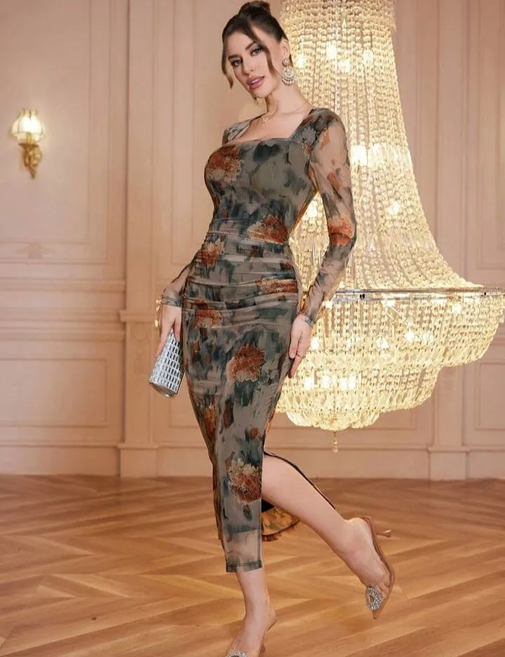 Modely Net Fabric Printed Square Neck Pleated Fitted Midi Dress For Women Maxi Women Outfit Long Evening Dresses    B92410