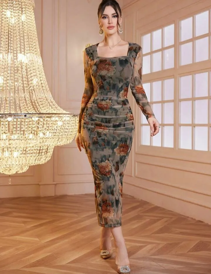 Modely Net Fabric Printed Square Neck Pleated Fitted Midi Dress For Women Maxi Women Outfit Long Evening Dresses    B92410