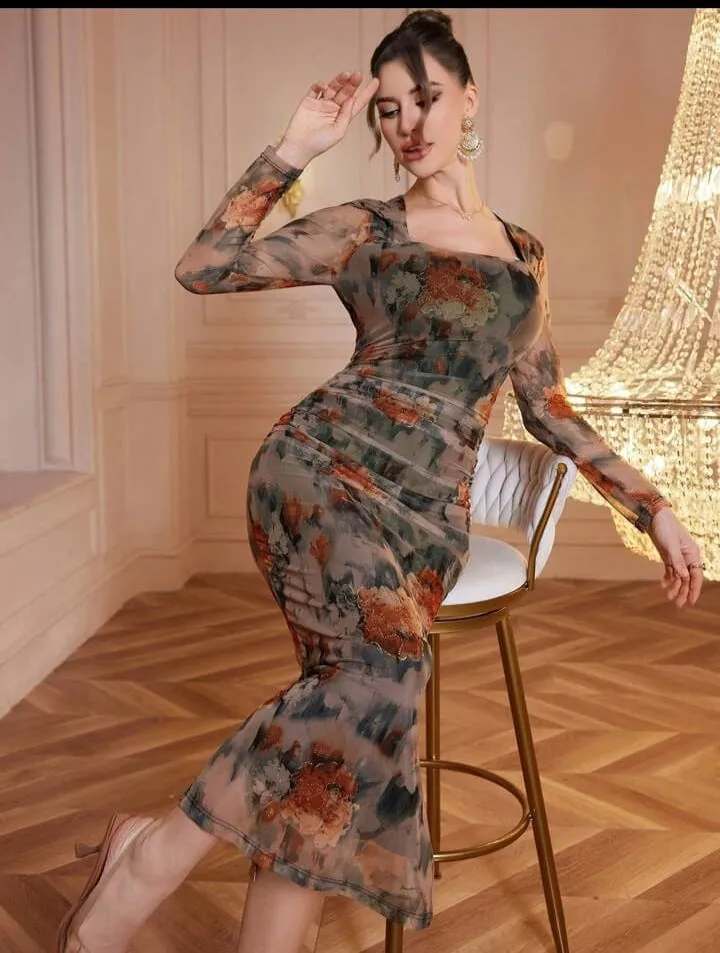 Modely Net Fabric Printed Square Neck Pleated Fitted Midi Dress For Women Maxi Women Outfit Long Evening Dresses    B92410