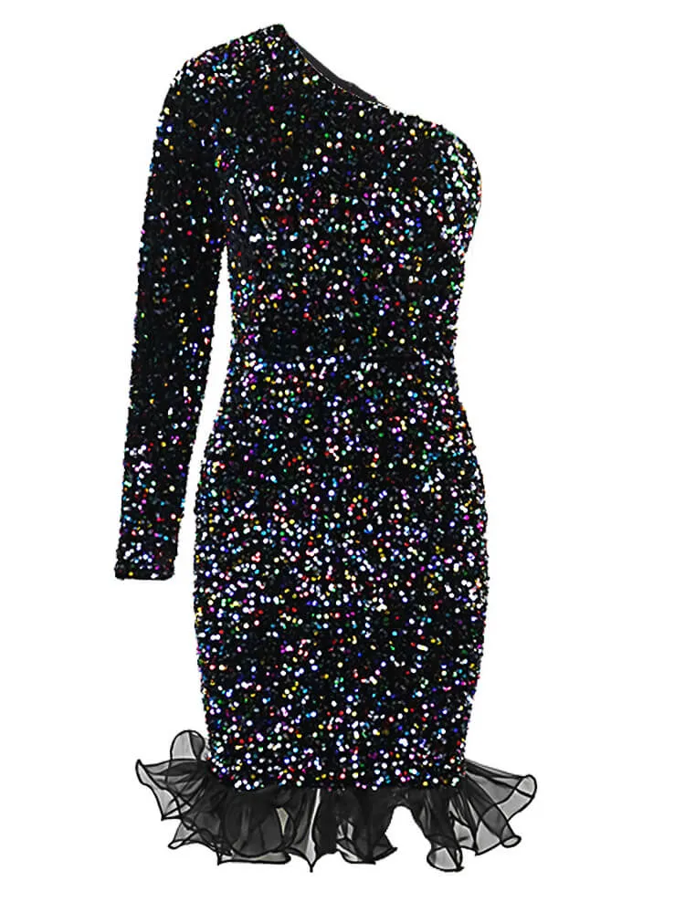 One Shoulder Sequin Ruffle Patchwork Mini Dresses