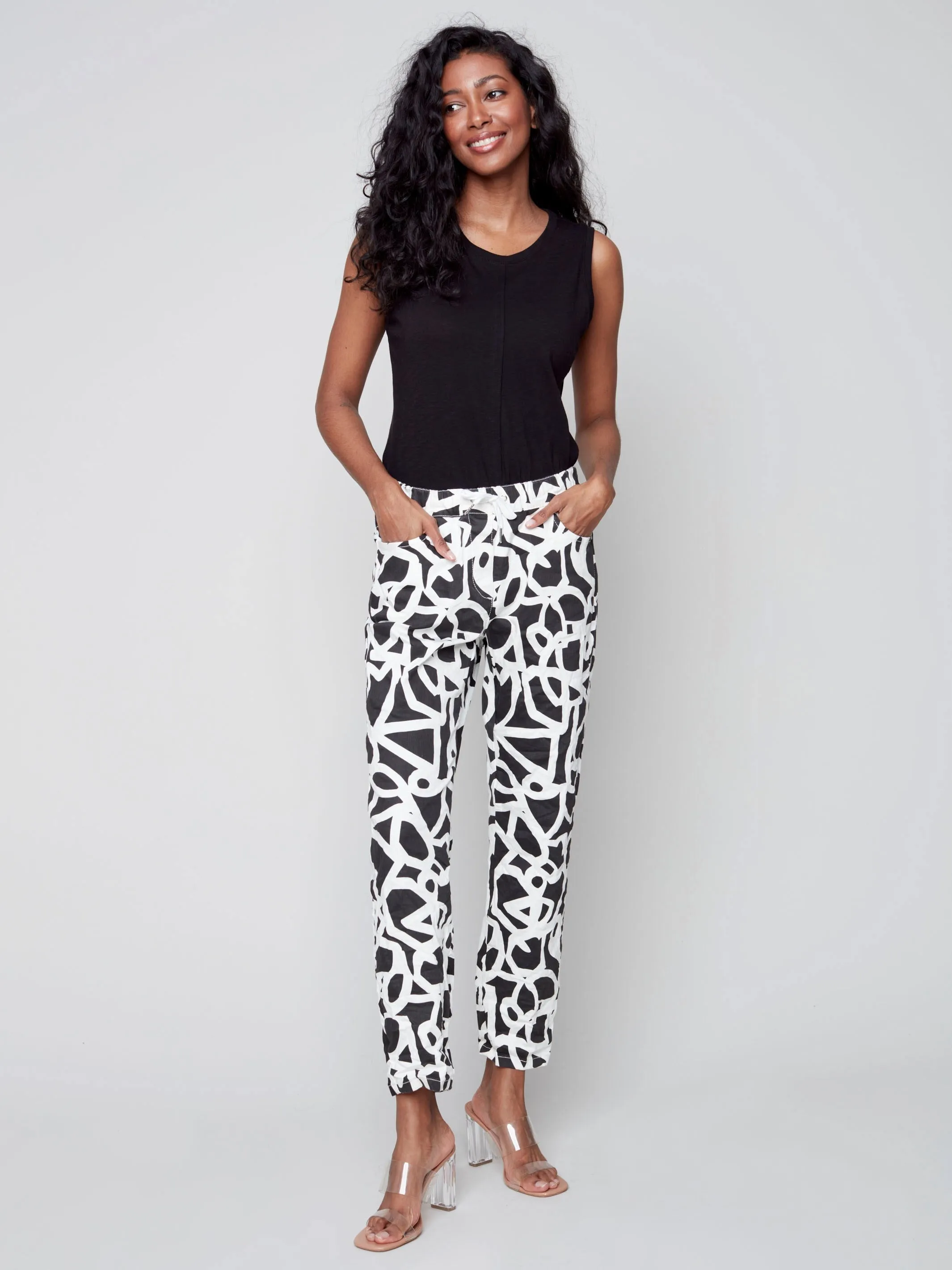 Printed Crinkle Jogger Pants - Black/Cream