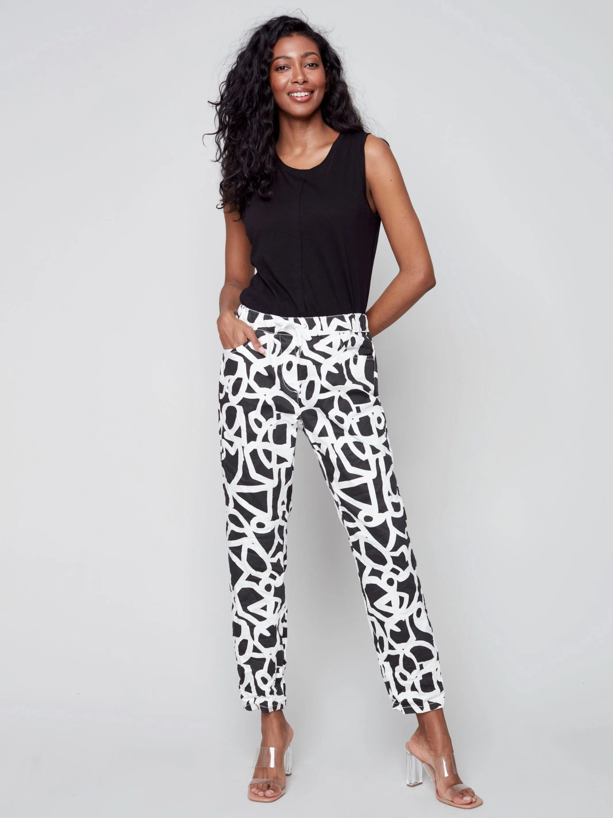 Printed Crinkle Jogger Pants - Black/Cream