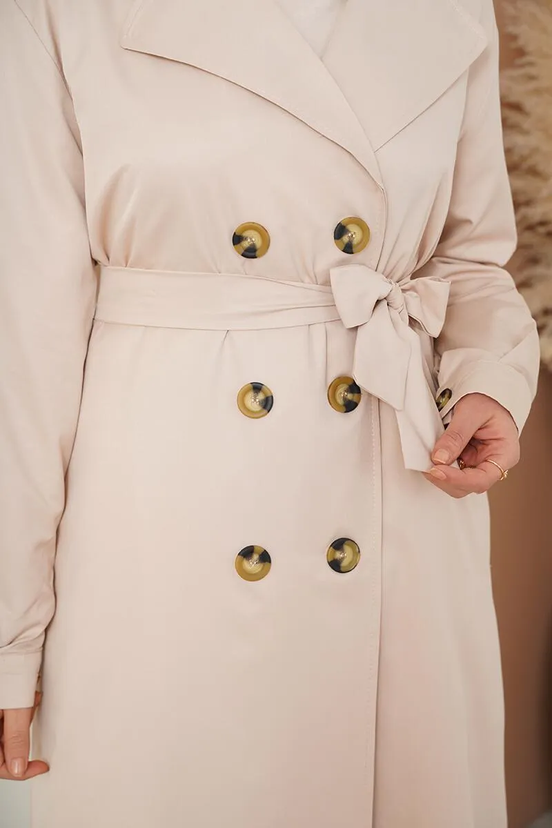 Three-Button Double-Breasted Trench Coat - Beige