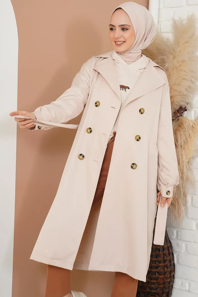 Three-Button Double-Breasted Trench Coat - Beige