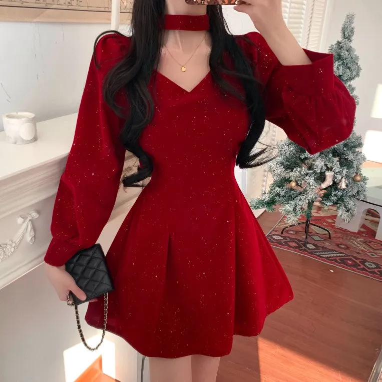 Velvet V-Neck Long-Sleeved Red Christmas Dress