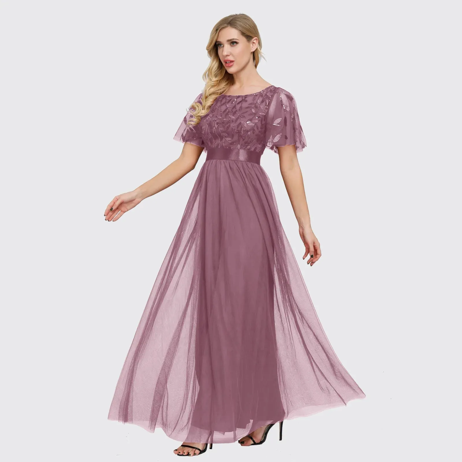 Vera | Embroidered Chiffon Flutter Maxi Dress