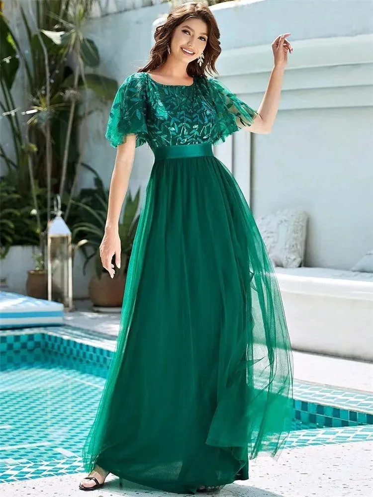 Vera | Embroidered Chiffon Flutter Maxi Dress